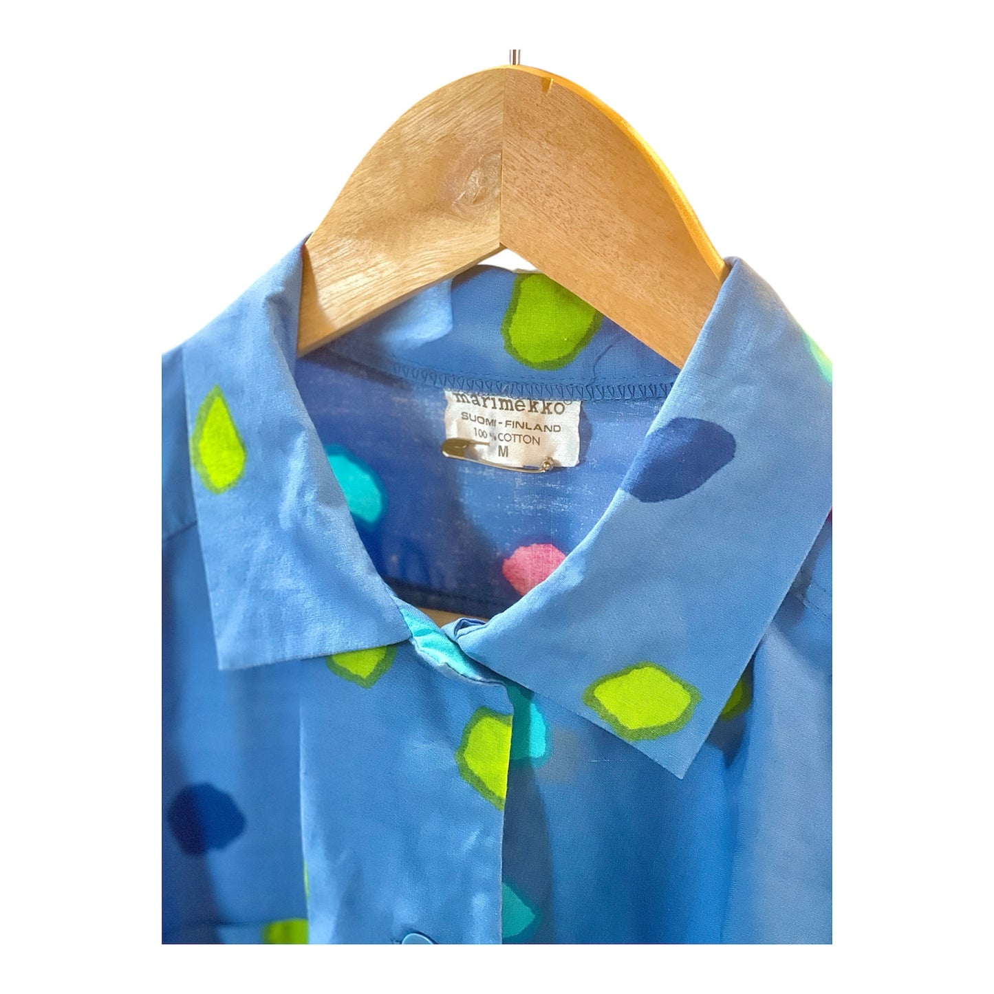 Krage bomull prickig flerfärgad blå Marimekko klänning storlek M Suomi Finland design retro