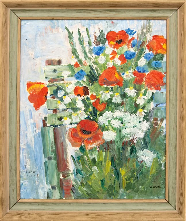 Jette Stoltz Blomsterstilleben 1945 Olja på pannå Vintage Swedish Art