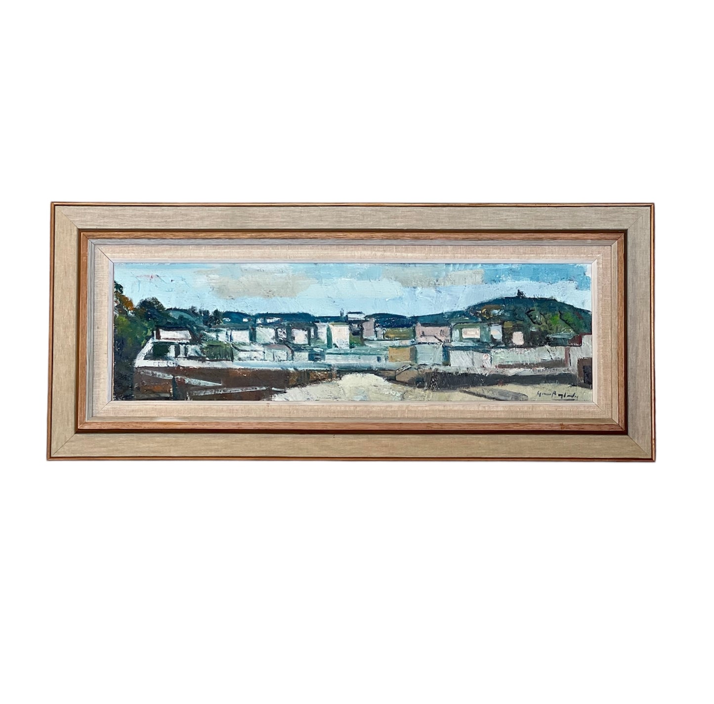 Oljemålning Hus Stad Olja på duk Tavla Vintage Midcentury