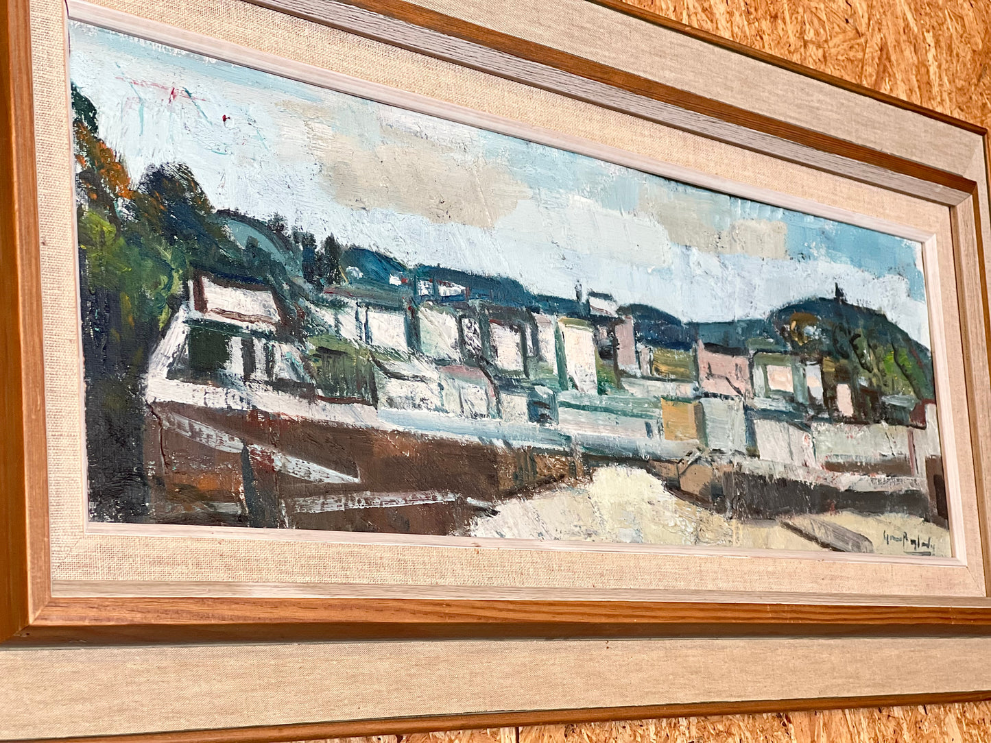 Oljemålning Hus Stad Olja på duk Tavla Vintage Midcentury