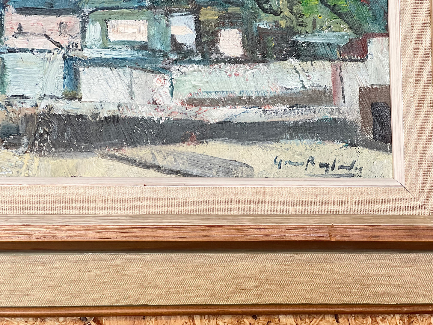 Oljemålning Hus Stad Olja på duk Tavla Vintage Midcentury