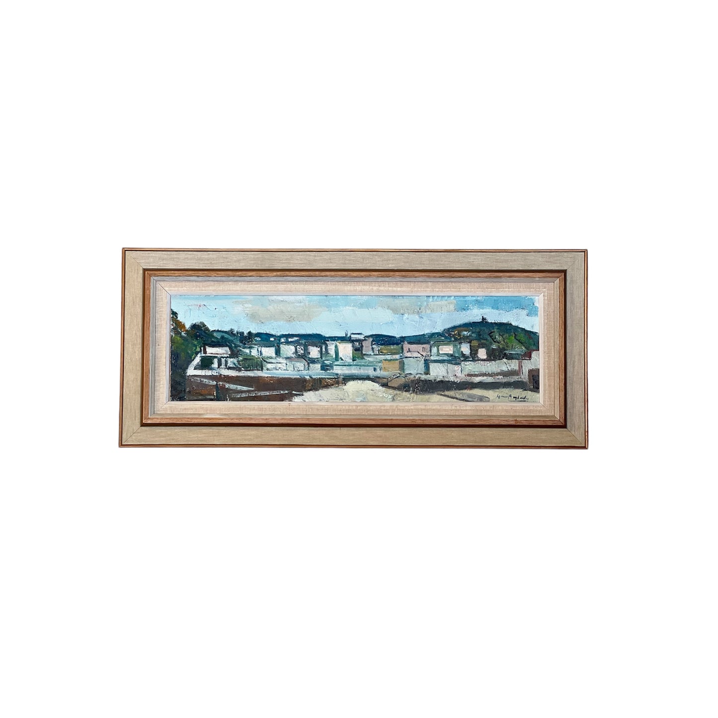Oljemålning Hus Stad Olja på duk Tavla Vintage Midcentury
