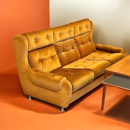 Lejongul designsoffa, plysch 1970-tal, vintage