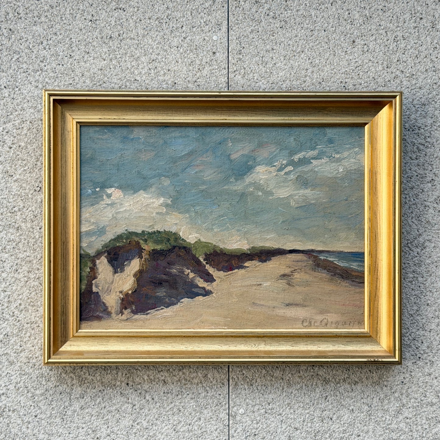 Olja på pannå Mid Cenutry Signerad Impressionism Oljemålning Vintage Hav Strand 50/60-tal
