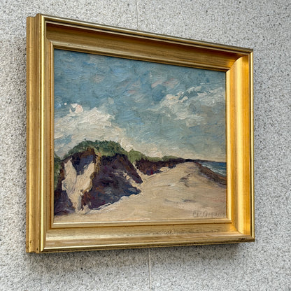Olja på pannå Mid Cenutry Signerad Impressionism Oljemålning Vintage Hav Strand 50/60-tal