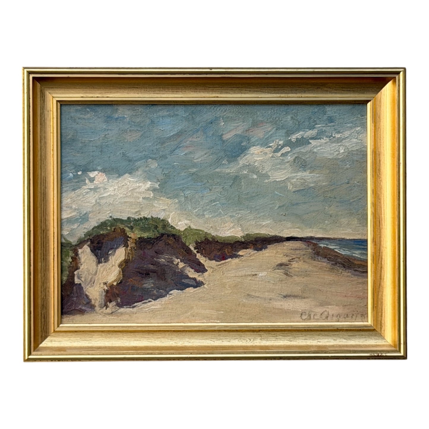 Olja på pannå Mid Cenutry Signerad Impressionism Oljemålning Vintage Hav Strand 50/60-tal