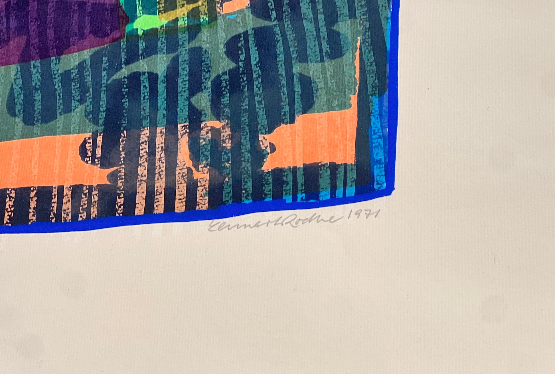 narbilder signerad litografi blå orange lila gron